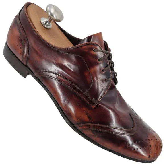 Prada Italy Mens 7.5 Distressed Brown Leather Wingtip Derby Oxfords Dress Shoes - Picture 1 of 13